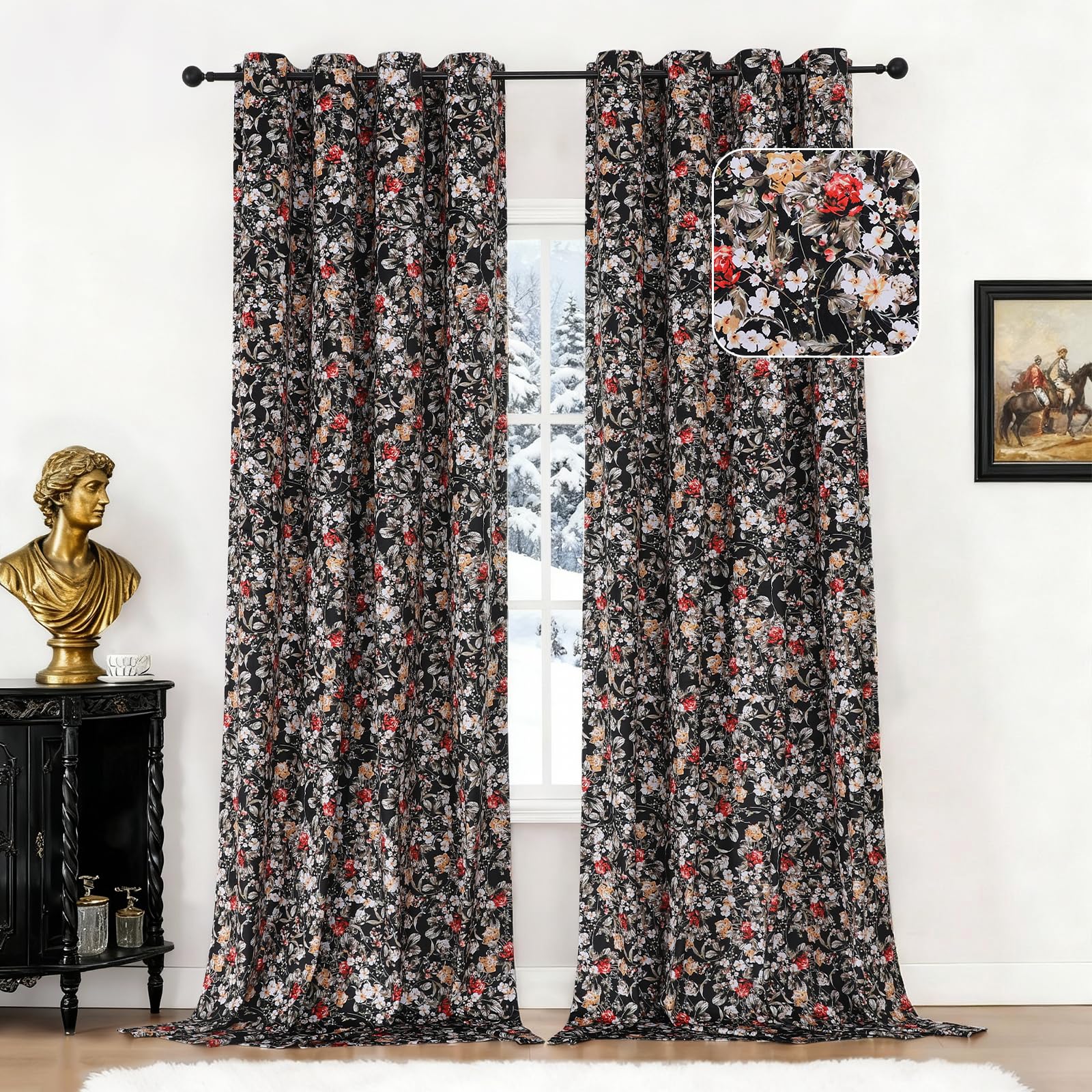 Estelar Textiler Black Velvet Blackout Curtains 84 Inch Long for Living Room, Luxury Floral Printed Energy Saving Thermal Insulated Light Blocking Window Grommet Drapes for Bedroom, 52Wx84L, 2 Panels