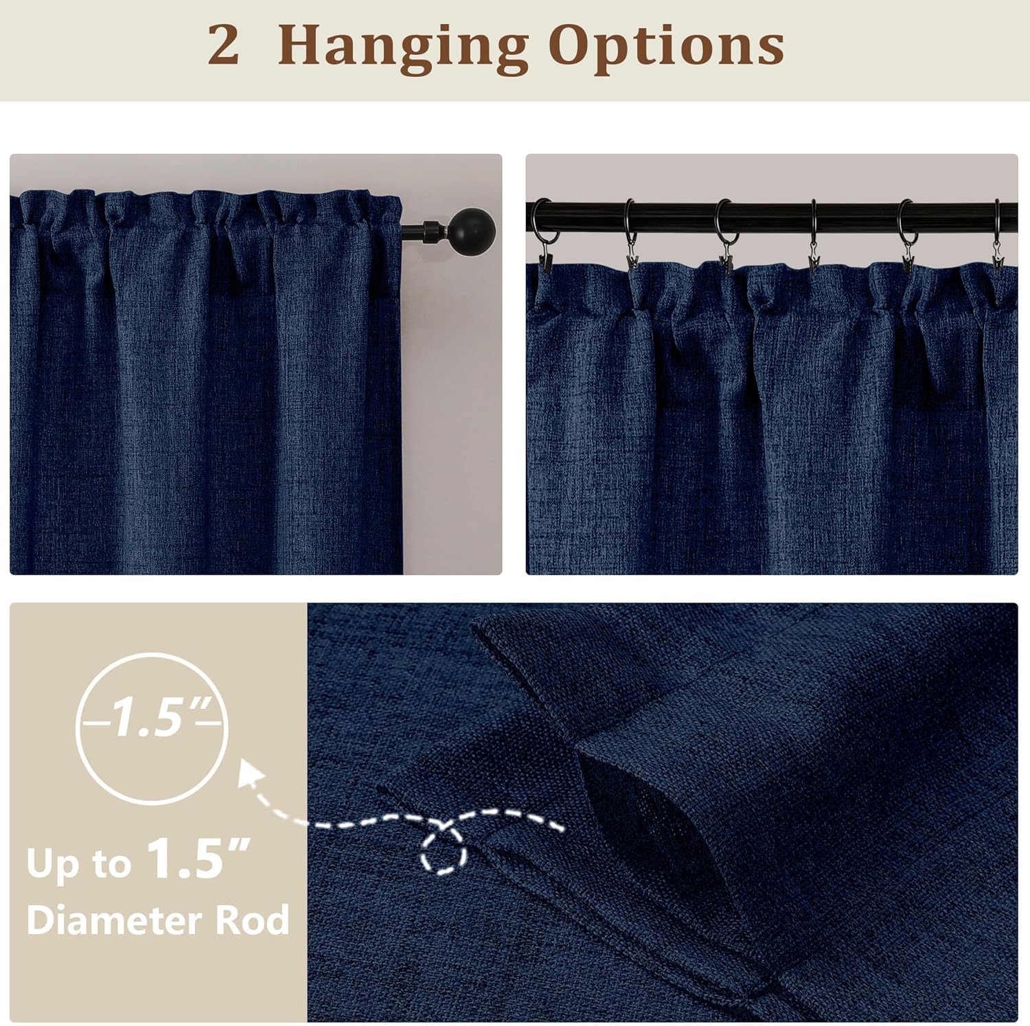 Navy Blue Kitchen Curtains 24 Inch Length - Faux Linen Textured Light Filtering Short Curtains for Bathroom, Rod Pocket Small Kitchen Window Curtains Over Sink, 2 Panels, 30Wx24L Inches