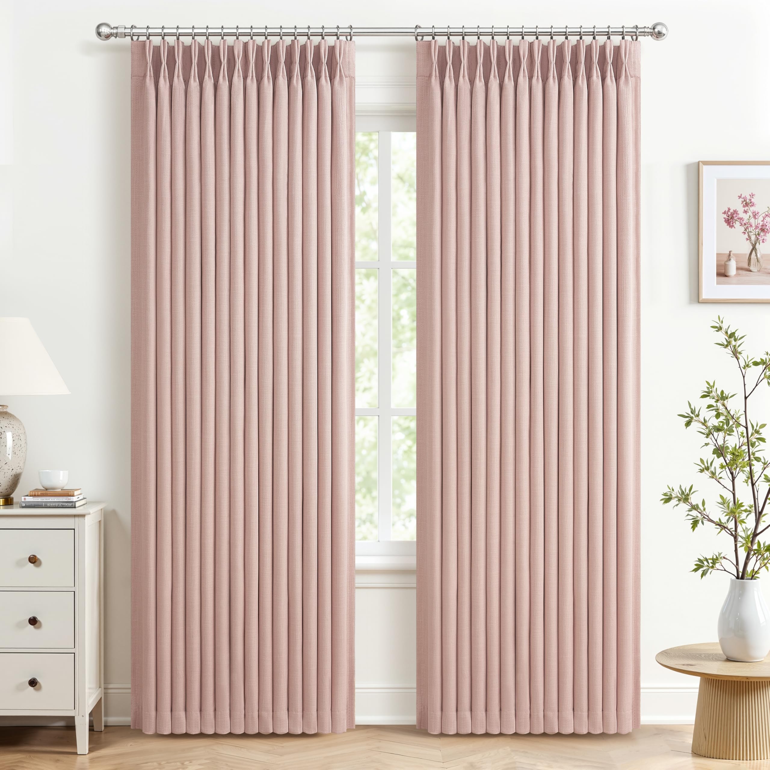 100% Blackout Linen 96 Inch Curtains 2 Panel Set for Bedroom, Modern Pinch Pleated Natural Linen Off Beige White Insulated Heavy Curtain 40 x 96 Inches Length Sliding Glass Door Room Darkening Drapes