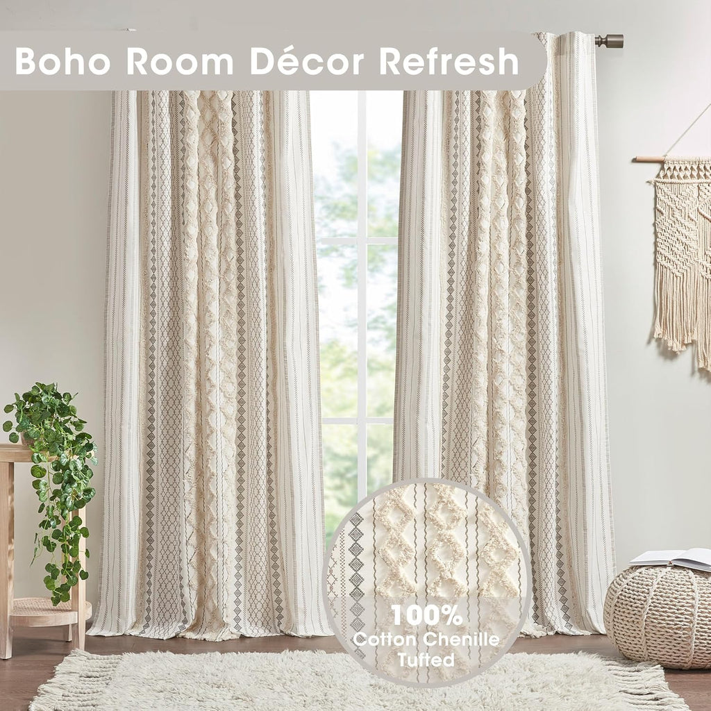 INK+IVY Imani 100% Cotton SINGLE PANEL Curtain Tufted Chenille Stripe Geometric Print Mid-Century Look Rod Pocket Top Drape for Living Room, Privacy Window Treatment for Bedroom, 50" x 84", Ivory