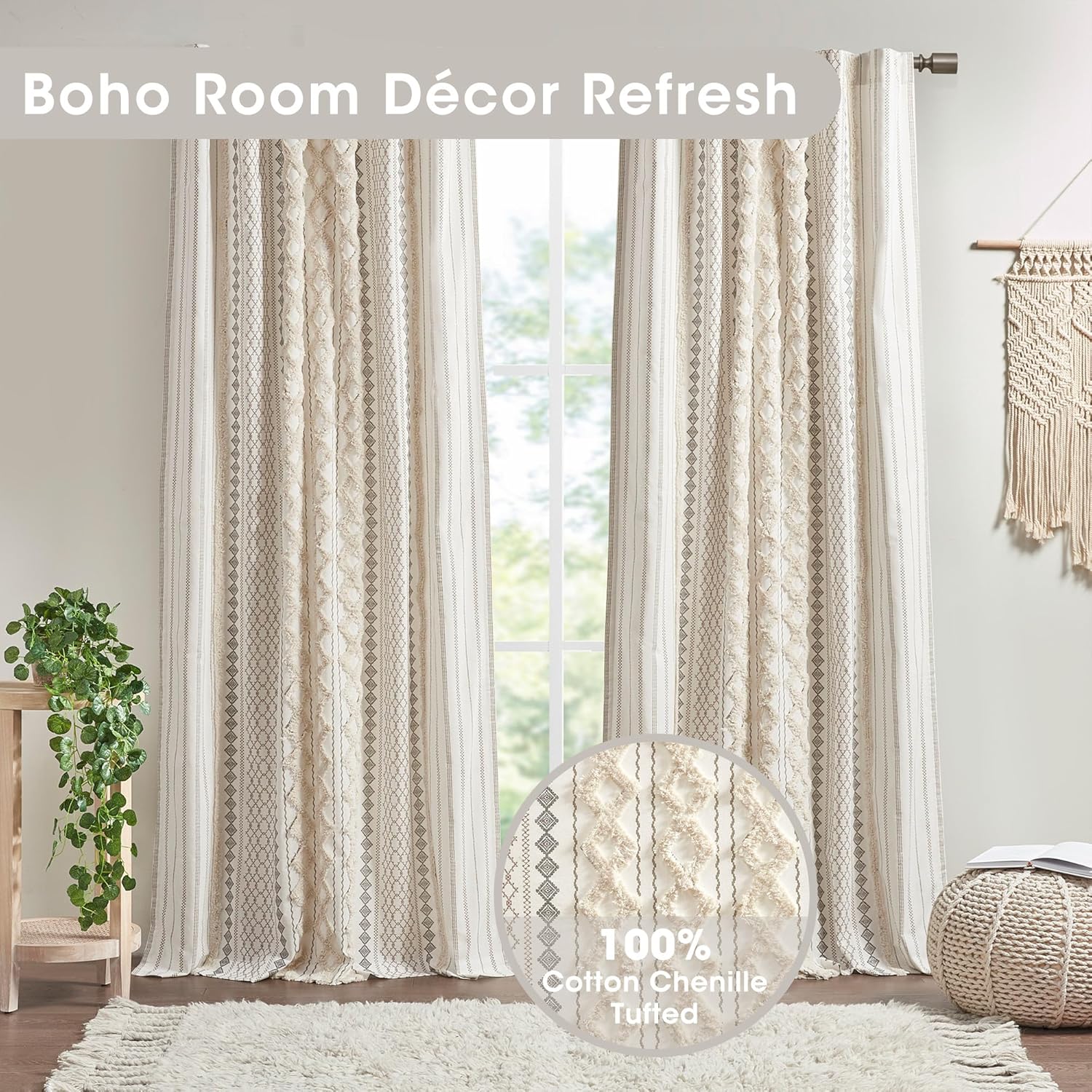 INK+IVY Imani 100% Cotton SINGLE PANEL Curtain Tufted Chenille Stripe Geometric Print Mid-Century Look Rod Pocket Top Drape for Living Room, Privacy Window Treatment for Bedroom, 50" x 84", Ivory