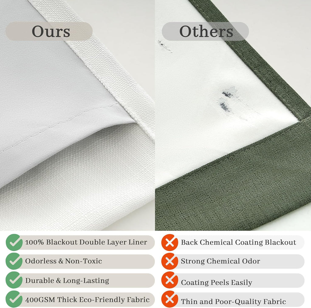 100% Blackout Linen 96 Inch Curtains 2 Panel Set for Bedroom, Modern Pinch Pleated Natural Linen Off Beige White Insulated Heavy Curtain 40 x 96 Inches Length Sliding Glass Door Room Darkening Drapes