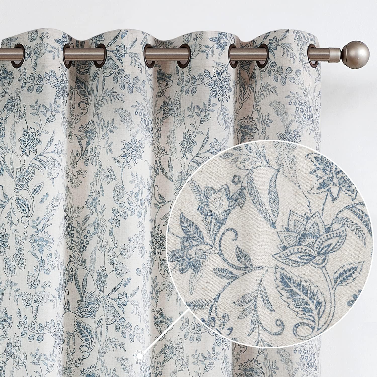Lazzzy Linen Farmhouse Curtains for Living Room 84 Inch Length Floral Print Window Curtains Semi Sheer Drapes for Bedroom Country Light Filtering Curtain Grommet Top 2 Panels Blue on Beige