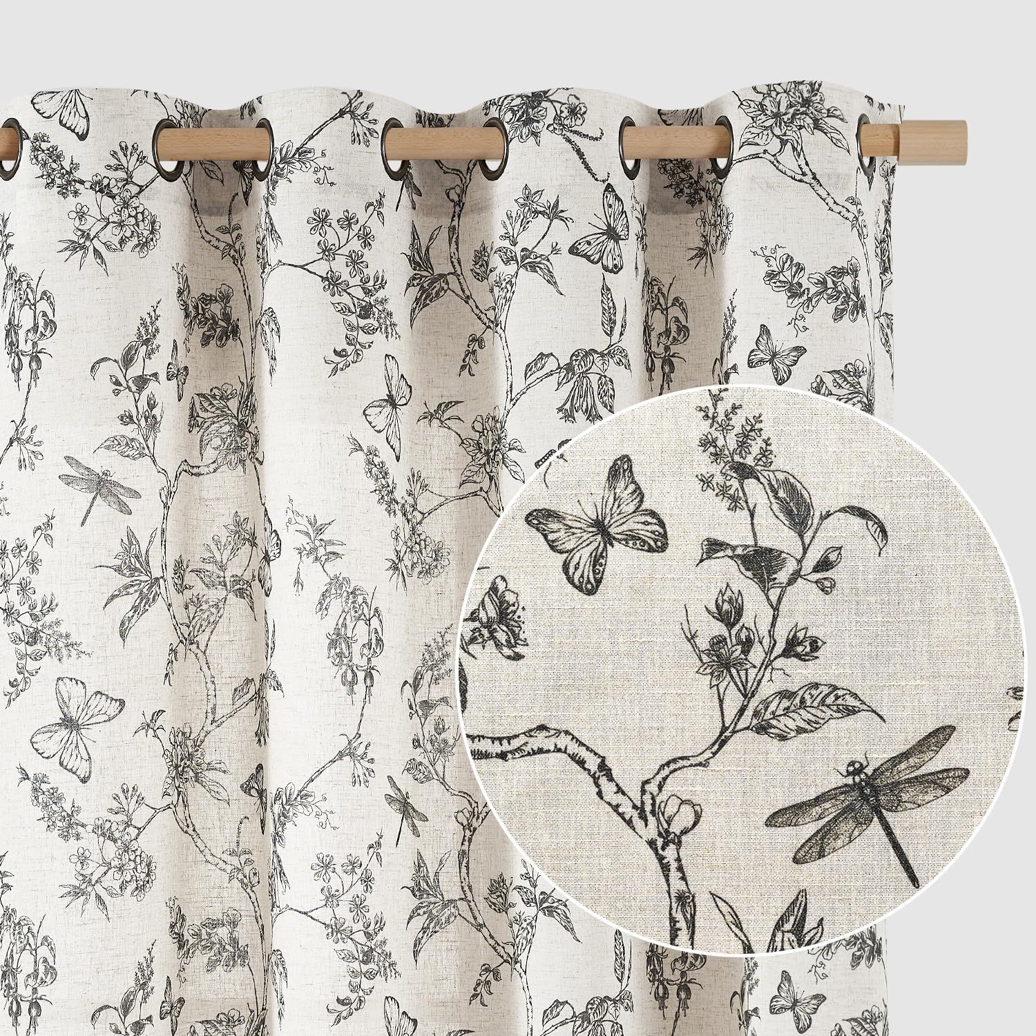 Lazzzy Linen Farmhouse Curtains for Living Room 84 Inch Length Floral Print Window Curtains Semi Sheer Drapes for Bedroom Country Light Filtering Curtain Grommet Top 2 Panels Blue on Beige