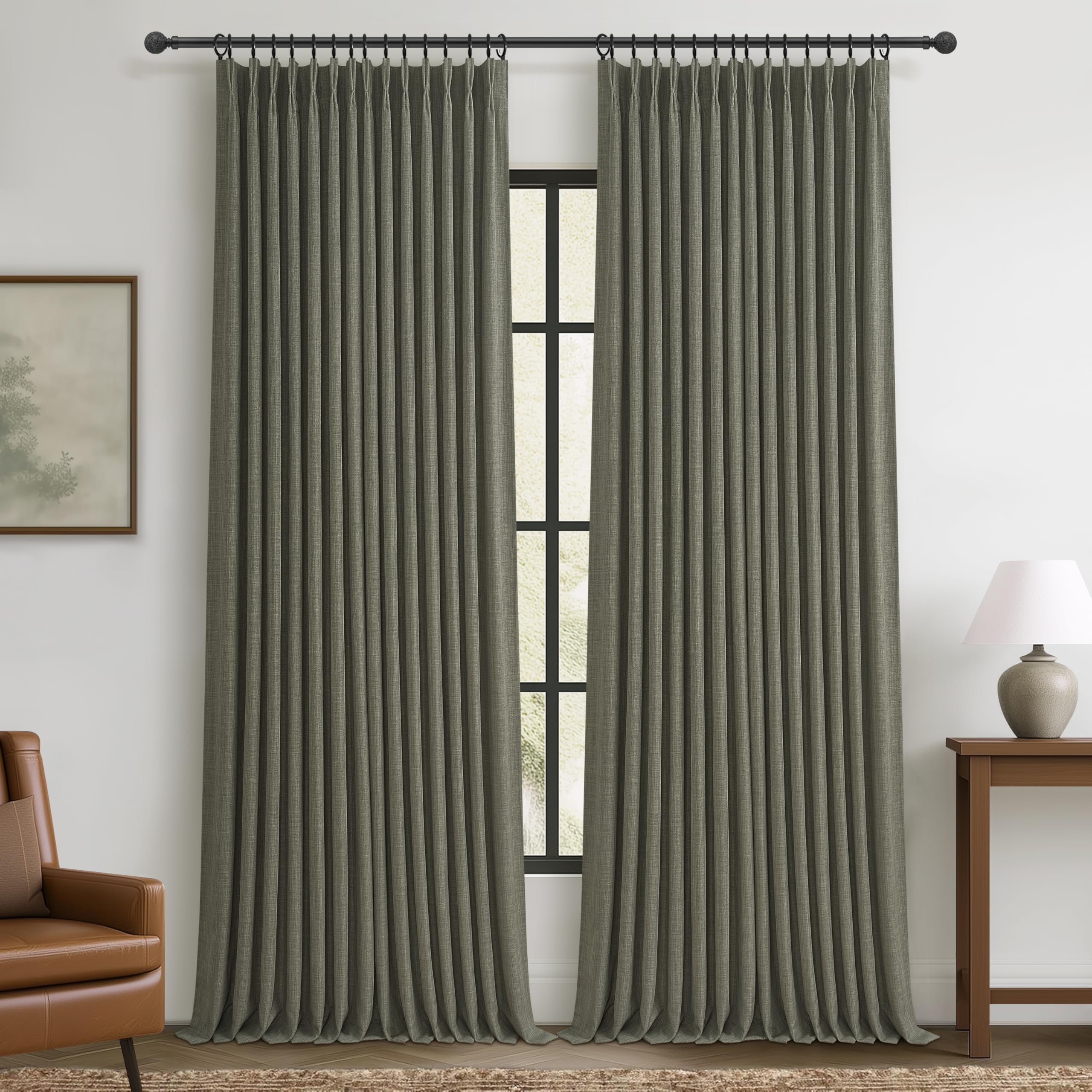 100% Blackout Linen 96 Inch Curtains 2 Panel Set for Bedroom, Modern Pinch Pleated Natural Linen Off Beige White Insulated Heavy Curtain 40 x 96 Inches Length Sliding Glass Door Room Darkening Drapes