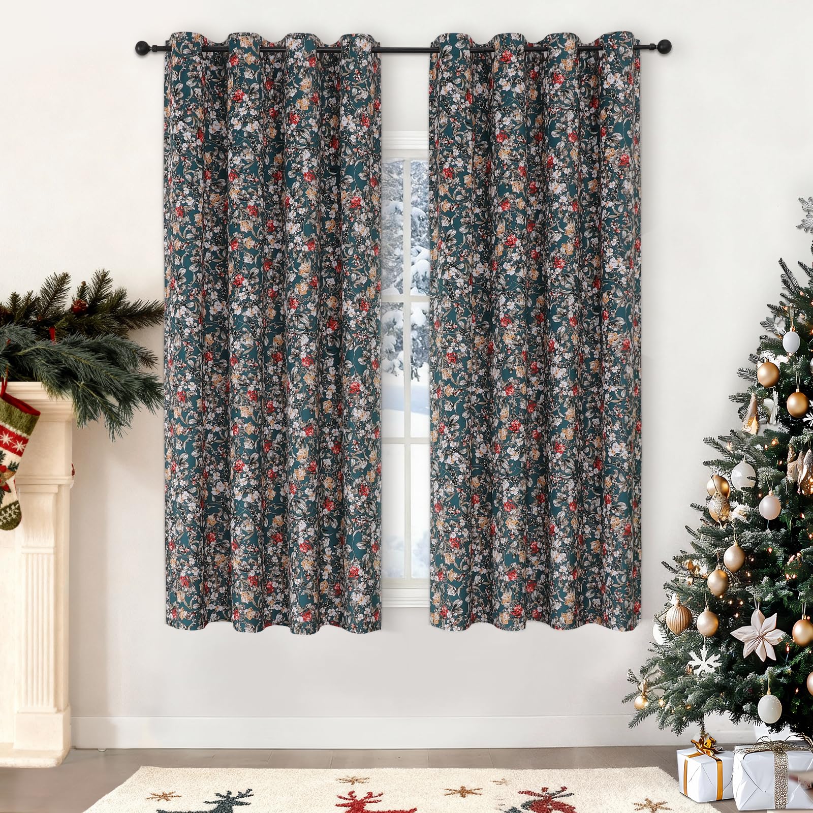 Estelar Textiler Black Velvet Blackout Curtains 84 Inch Long for Living Room, Luxury Floral Printed Energy Saving Thermal Insulated Light Blocking Window Grommet Drapes for Bedroom, 52Wx84L, 2 Panels