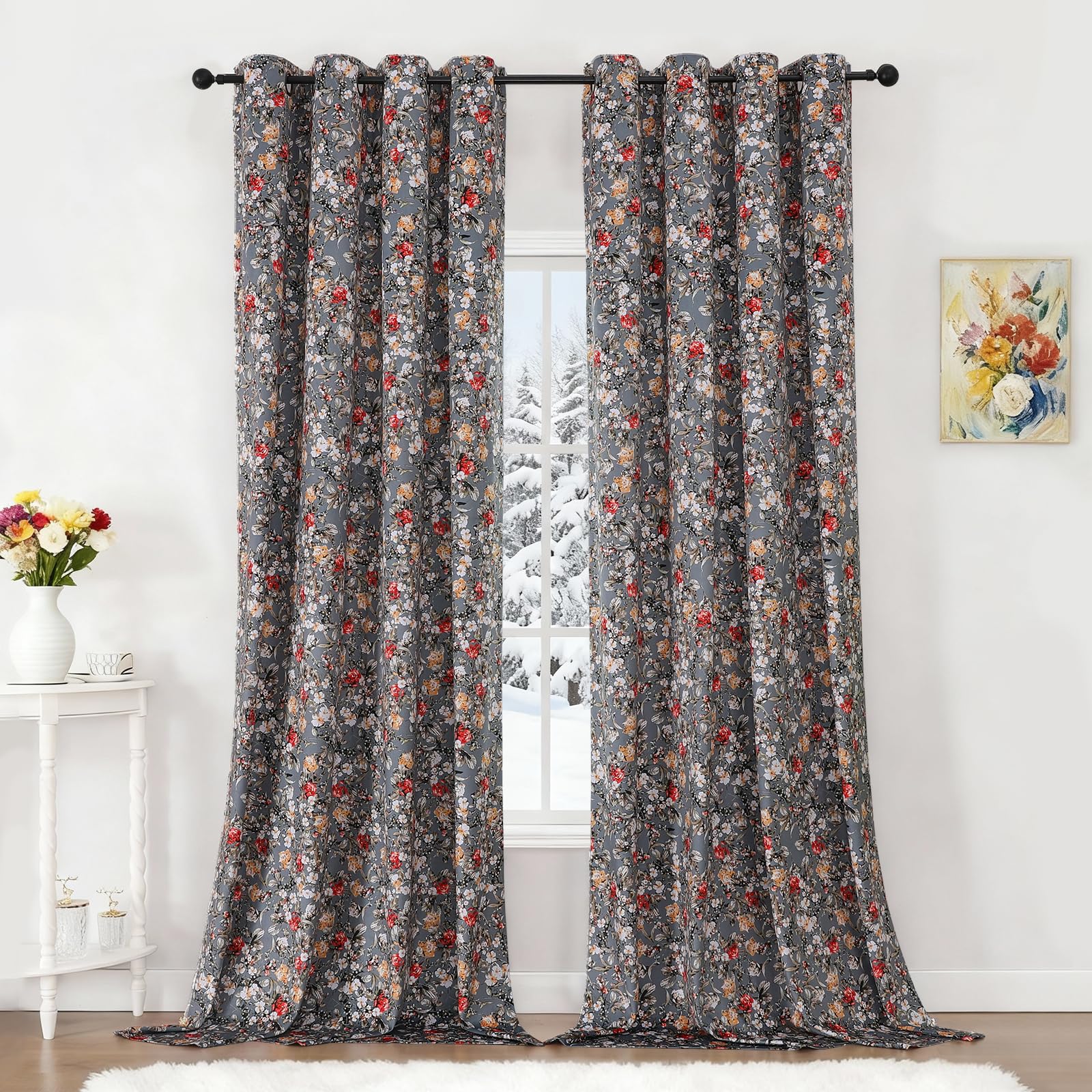 Estelar Textiler Black Velvet Blackout Curtains 84 Inch Long for Living Room, Luxury Floral Printed Energy Saving Thermal Insulated Light Blocking Window Grommet Drapes for Bedroom, 52Wx84L, 2 Panels