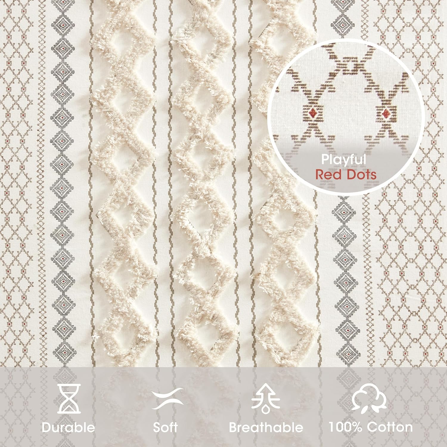 INK+IVY Imani 100% Cotton SINGLE PANEL Curtain Tufted Chenille Stripe Geometric Print Mid-Century Look Rod Pocket Top Drape for Living Room, Privacy Window Treatment for Bedroom, 50" x 84", Ivory