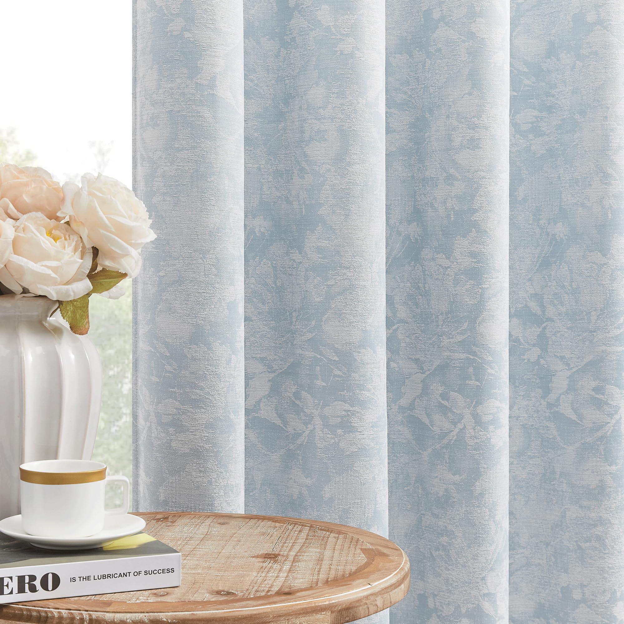 Beauoop Beige Floral Jacquard Blackout Curtains 84 Inches Long 2 Panels for Bedroom Living Room Flower Chenille Room Darkening Thermal Insulated Soundproof Grommet Window Treatments Drapes 52x84x2