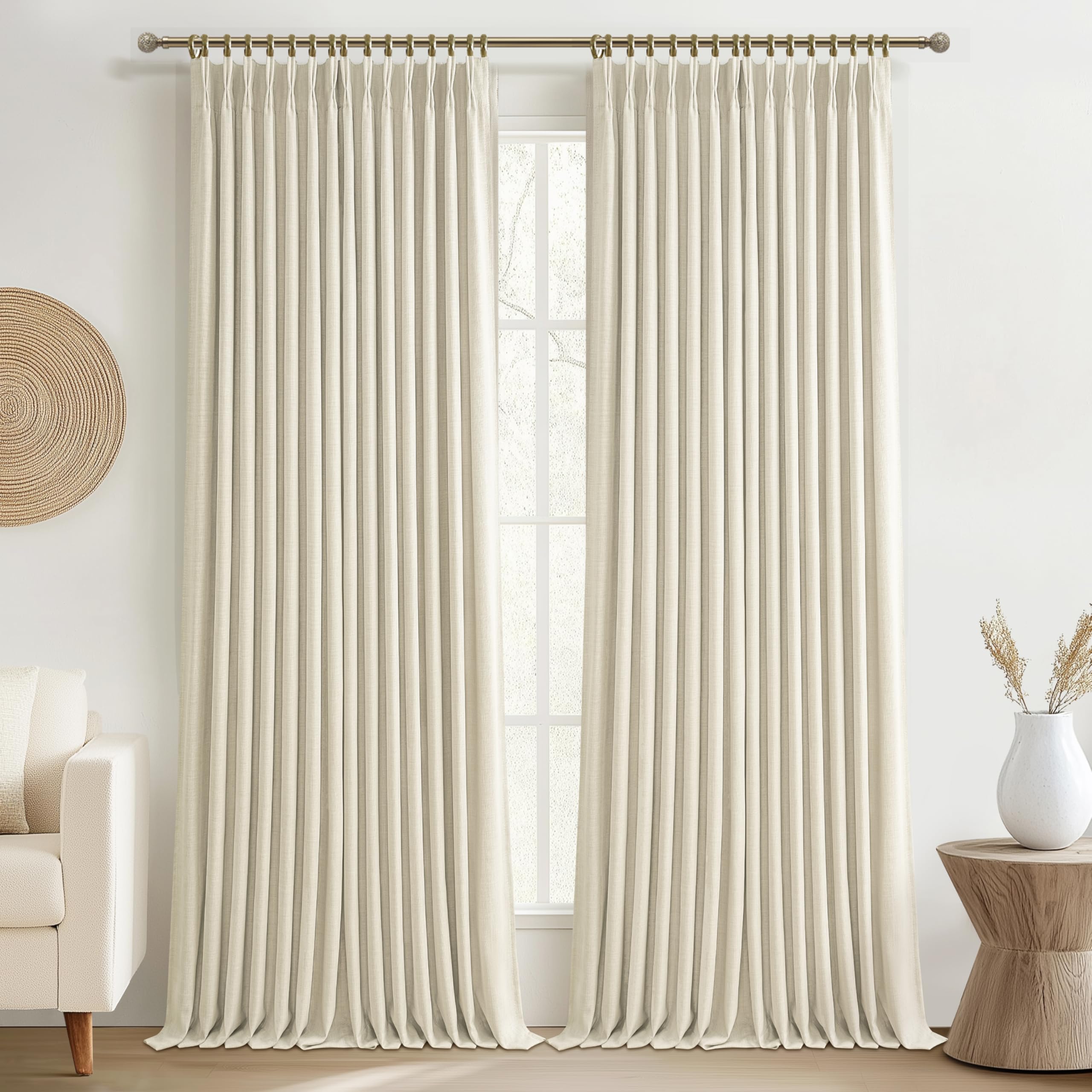 100% Blackout Linen 96 Inch Curtains 2 Panel Set for Bedroom, Modern Pinch Pleated Natural Linen Off Beige White Insulated Heavy Curtain 40 x 96 Inches Length Sliding Glass Door Room Darkening Drapes