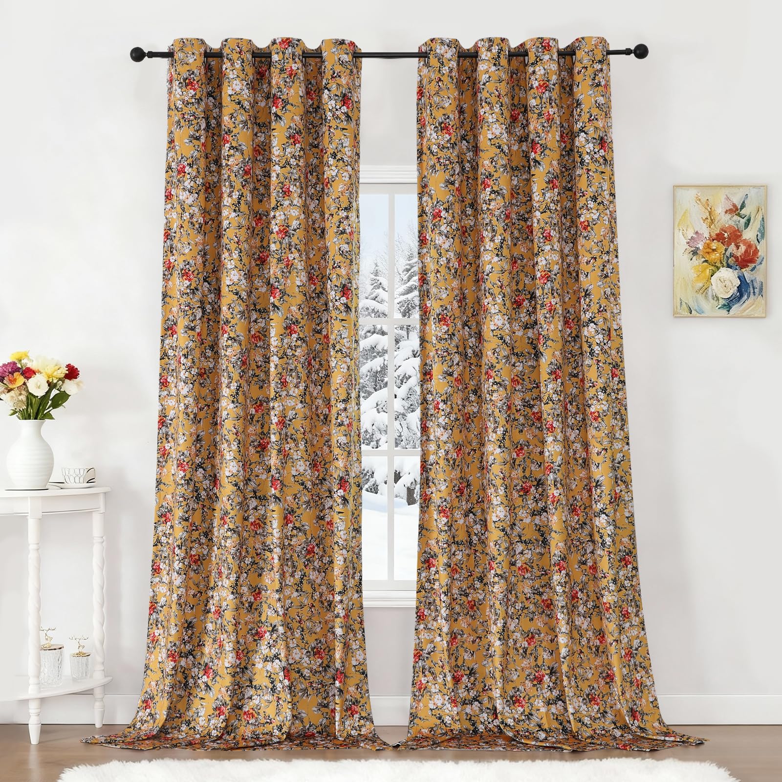 Estelar Textiler Black Velvet Blackout Curtains 84 Inch Long for Living Room, Luxury Floral Printed Energy Saving Thermal Insulated Light Blocking Window Grommet Drapes for Bedroom, 52Wx84L, 2 Panels