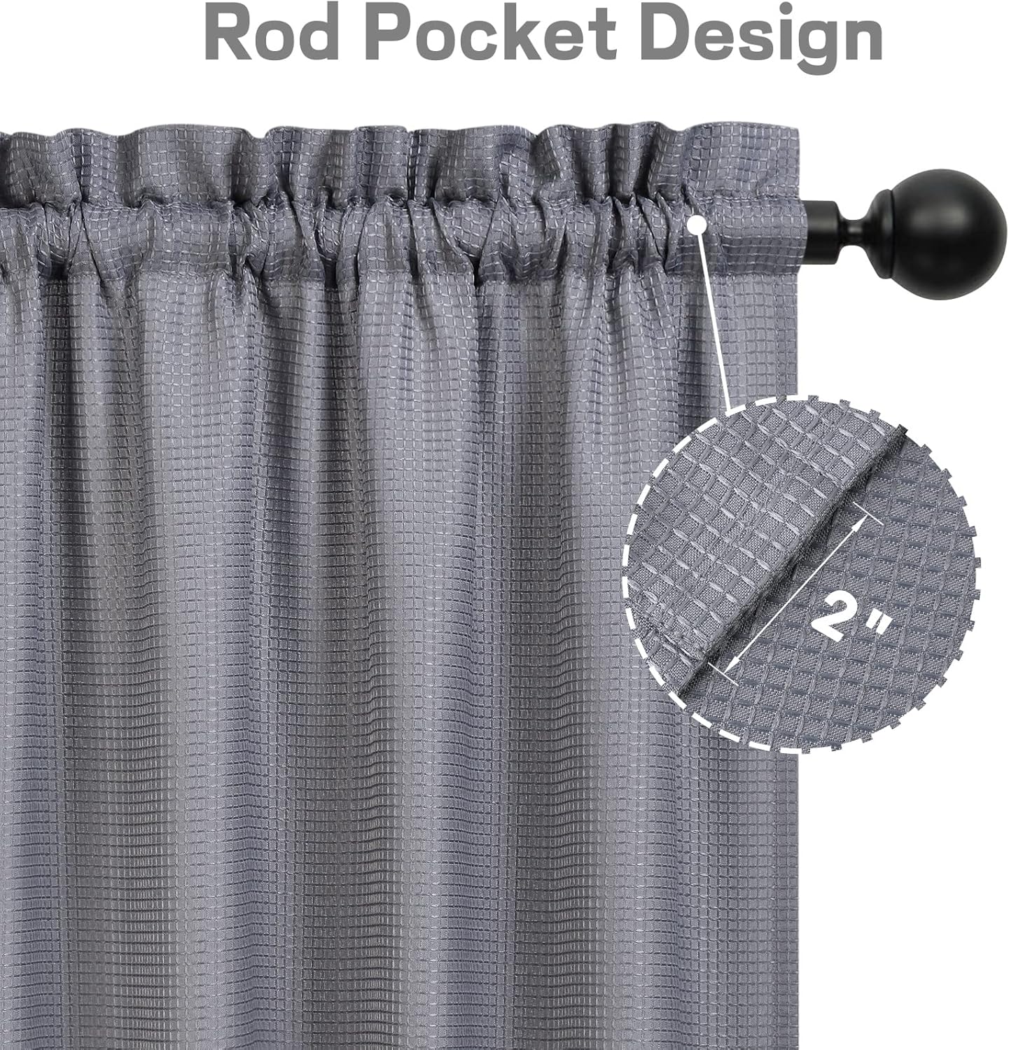 HOMERRY Waffle Textured Short Curtains Small Window Curtains Farmhouse Half Window Tier Curtains Waterproof Kitchen Curtains for Bathroom Kitchen Bedroom Living Room, Grey 30" W x36 L