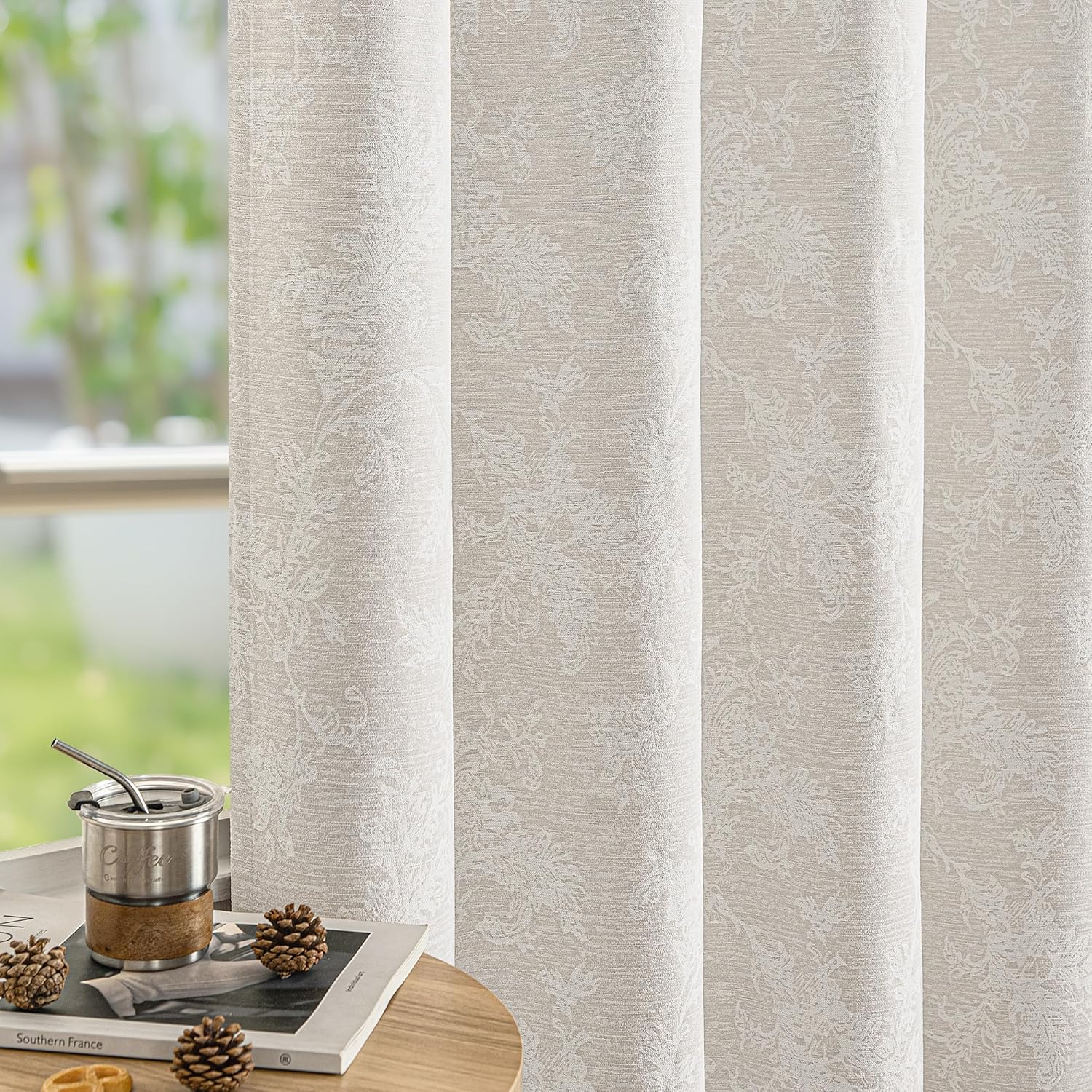 FMFUNCTEX Beige Floral Jacquard Blackout Curtains 72 Inches Long for Bedroom, Scroll Flower Chenille Farmhouse Curtains for Living Room Darkening Thermal Insulated Grommet Window Drapes 2 Panels