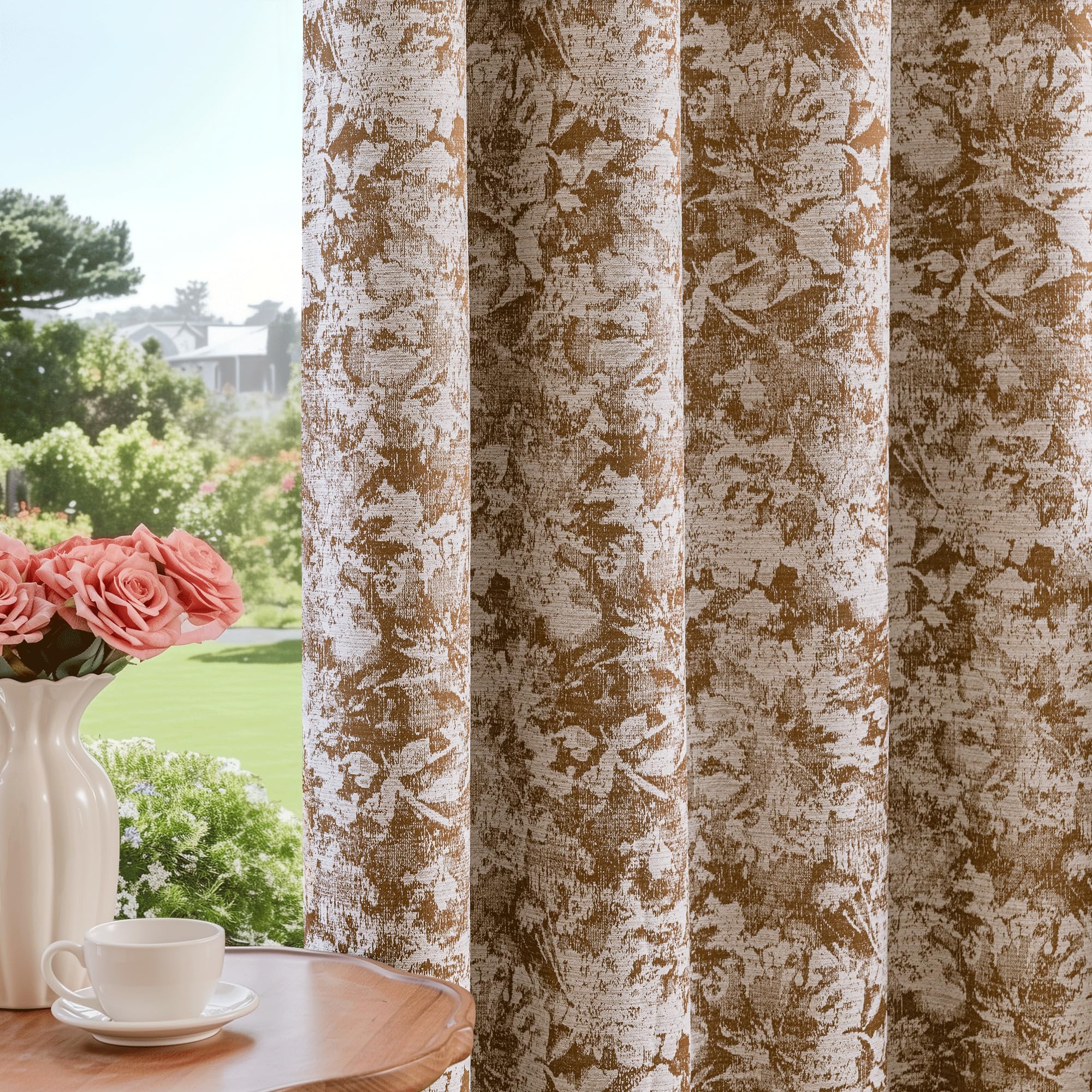 Beauoop Beige Floral Jacquard Blackout Curtains 84 Inches Long 2 Panels for Bedroom Living Room Flower Chenille Room Darkening Thermal Insulated Soundproof Grommet Window Treatments Drapes 52x84x2