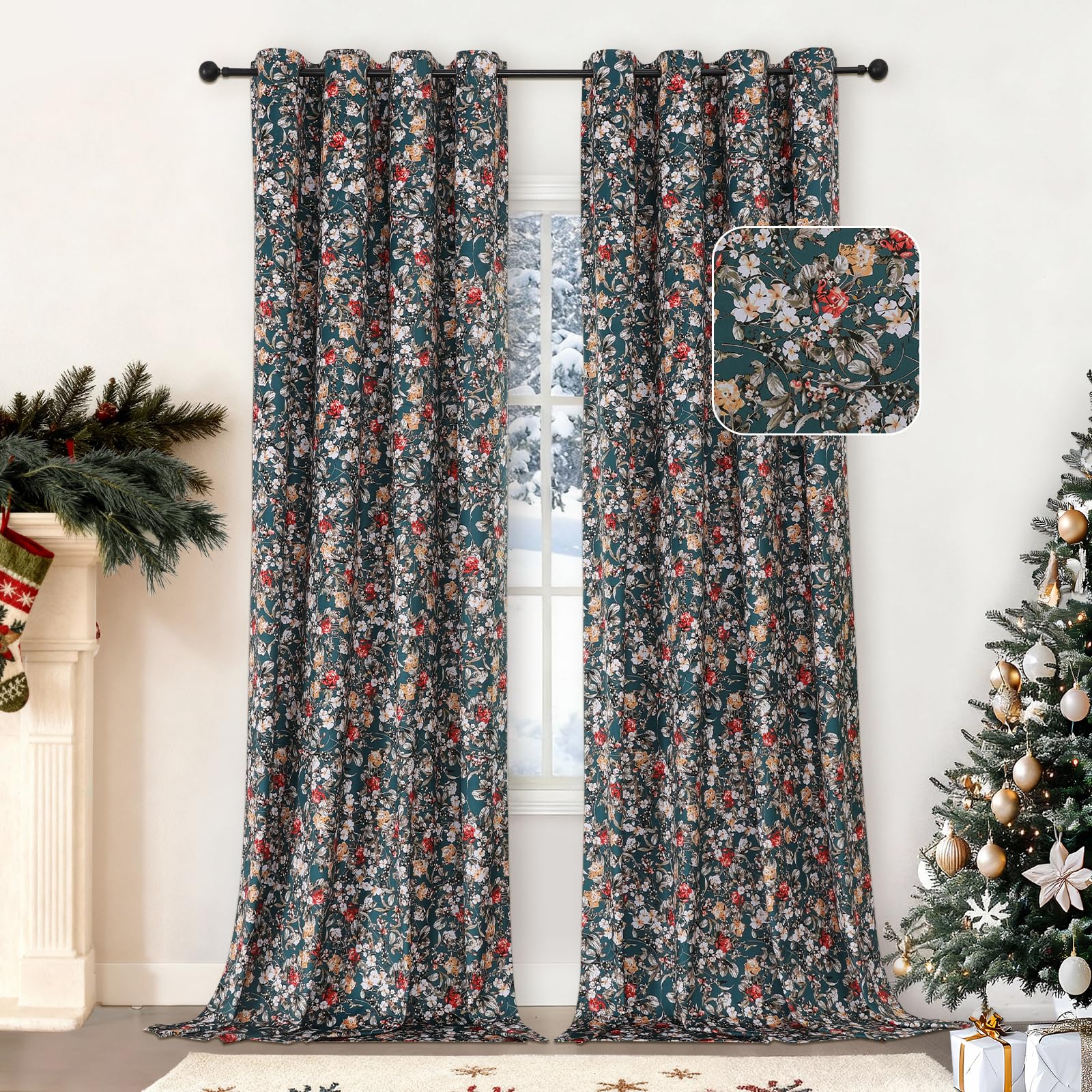 Estelar Textiler Black Velvet Blackout Curtains 84 Inch Long for Living Room, Luxury Floral Printed Energy Saving Thermal Insulated Light Blocking Window Grommet Drapes for Bedroom, 52Wx84L, 2 Panels