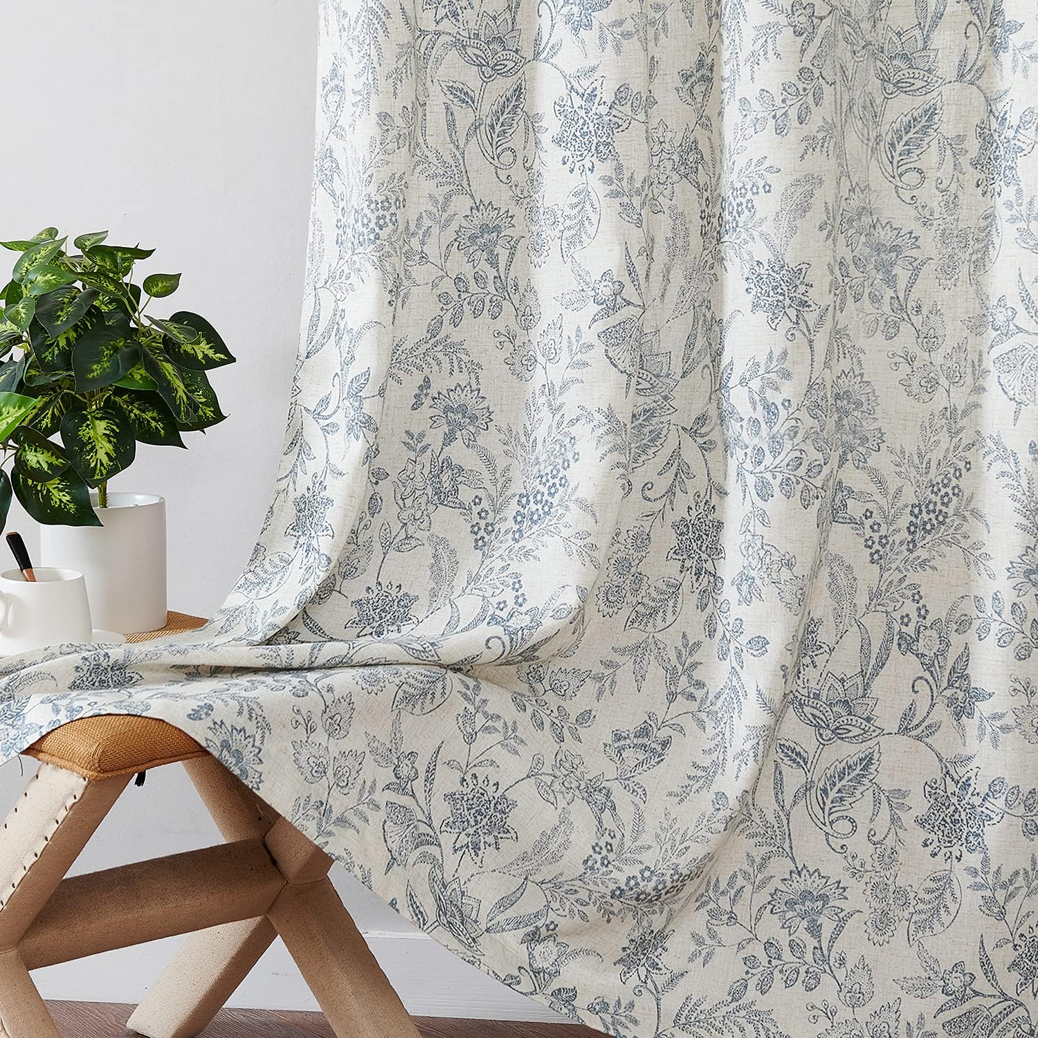 Lazzzy Linen Farmhouse Curtains for Living Room 84 Inch Length Floral Print Window Curtains Semi Sheer Drapes for Bedroom Country Light Filtering Curtain Grommet Top 2 Panels Blue on Beige