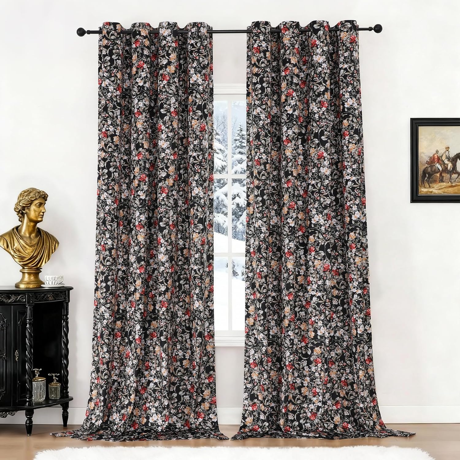 Estelar Textiler Black Velvet Blackout Curtains 84 Inch Long for Living Room, Luxury Floral Printed Energy Saving Thermal Insulated Light Blocking Window Grommet Drapes for Bedroom, 52Wx84L, 2 Panels