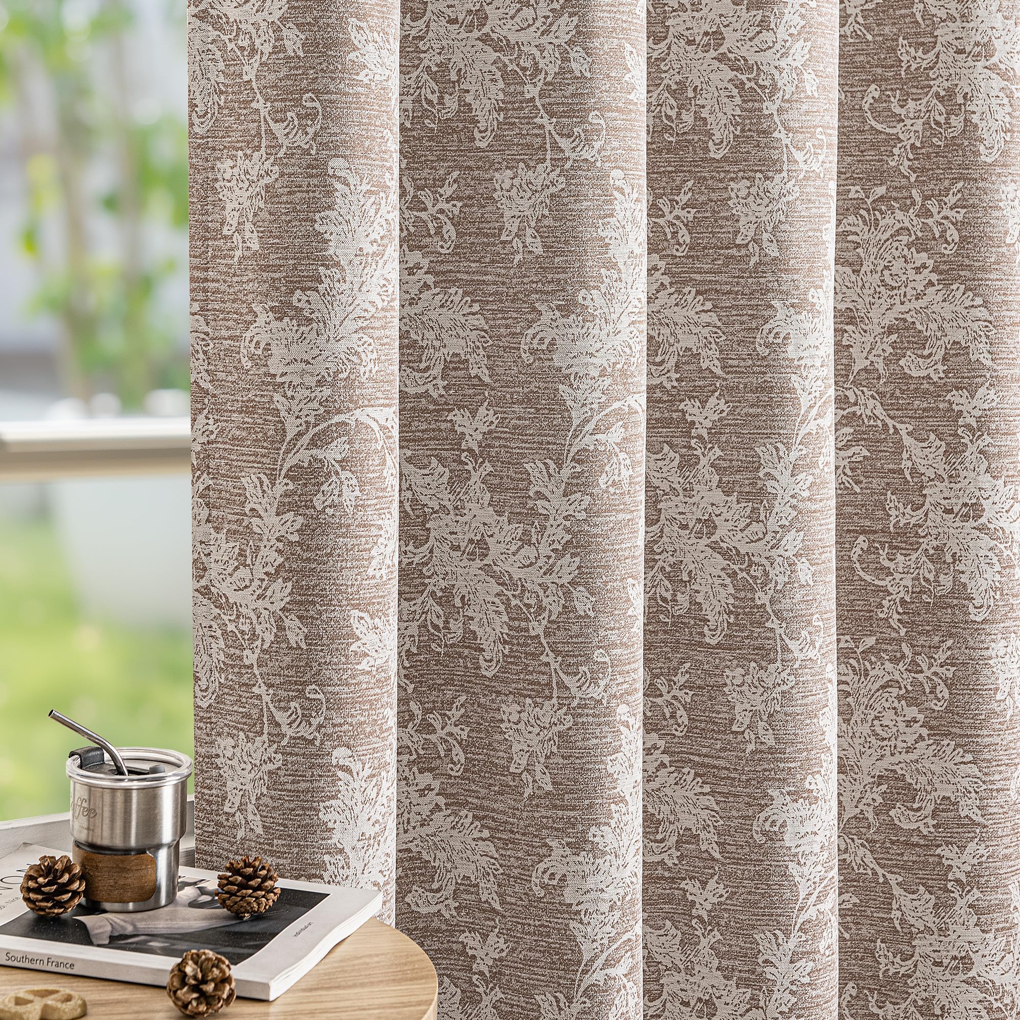 FMFUNCTEX Beige Floral Jacquard Blackout Curtains 72 Inches Long for Bedroom, Scroll Flower Chenille Farmhouse Curtains for Living Room Darkening Thermal Insulated Grommet Window Drapes 2 Panels